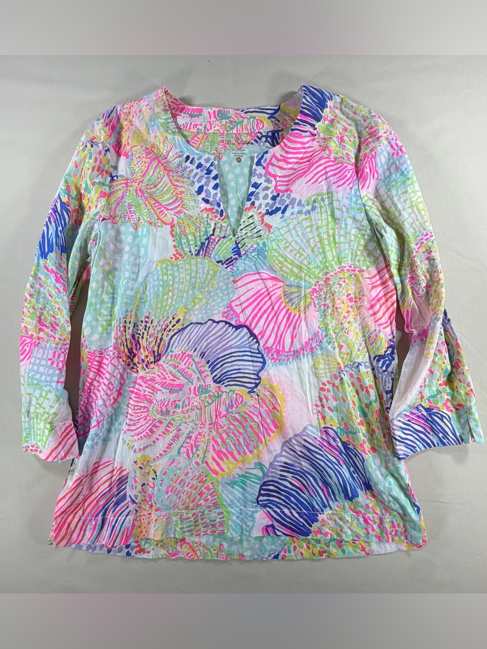 Lilly Pulitzer Bright Floral Split-Neck Tunic - Pink, Blue, Green, Cream sz M